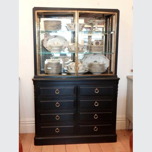 Antique Ebonised Vitrine With Brass And Glass Shelves