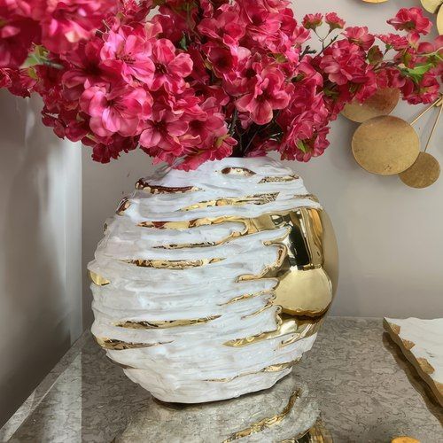 White & Gold Textured Ceramic Vase