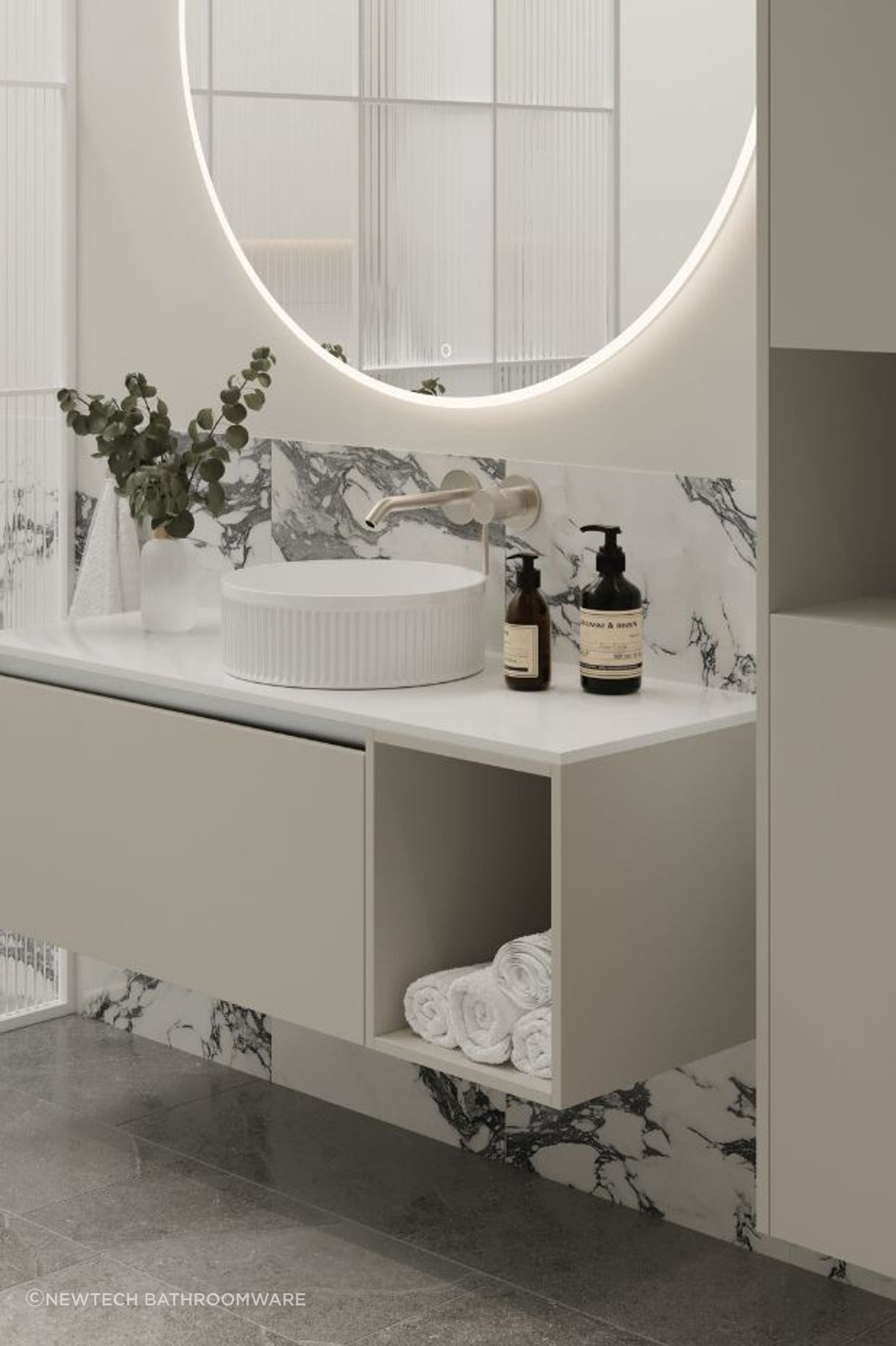 The Savanna Luxe Wall Vanity in shade 'Dawn Grey' is designed with a StoneCast slab top and an exposed basin