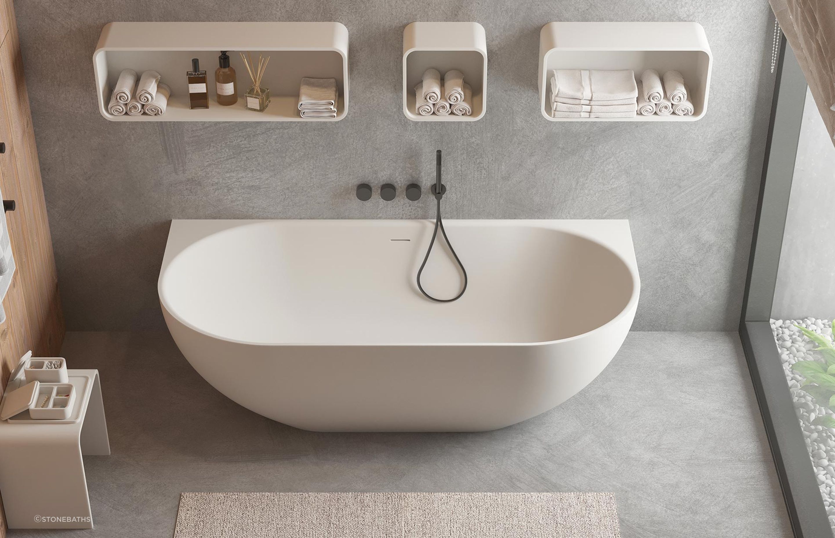 Bathtubs like the Justina Back-to-Wall Stone Bath offers great heat retention to help keep your bath and surrounding space warmer for longer.