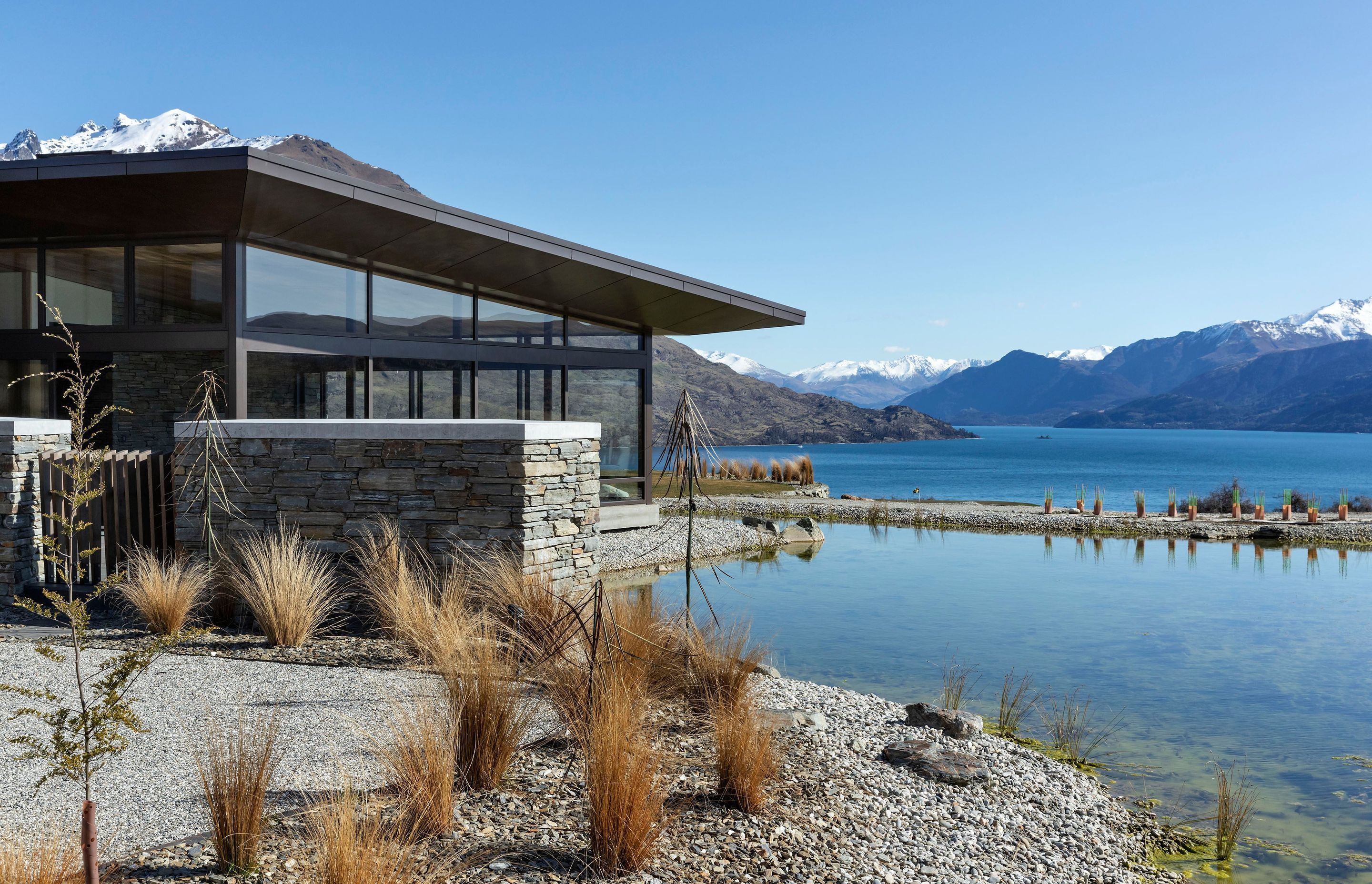 The spectacular view across the reflection pond to Lake Wakatipu and the mountains. Photograph: Simon Devitt.