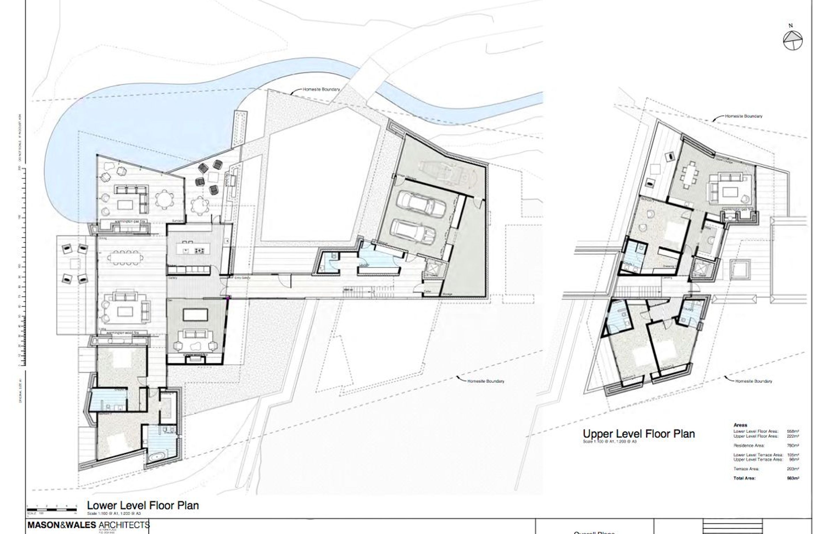 The lower-level and upper-level floor plans of Hidden Island Retreat. Drawing by Mason and Wales Architects.