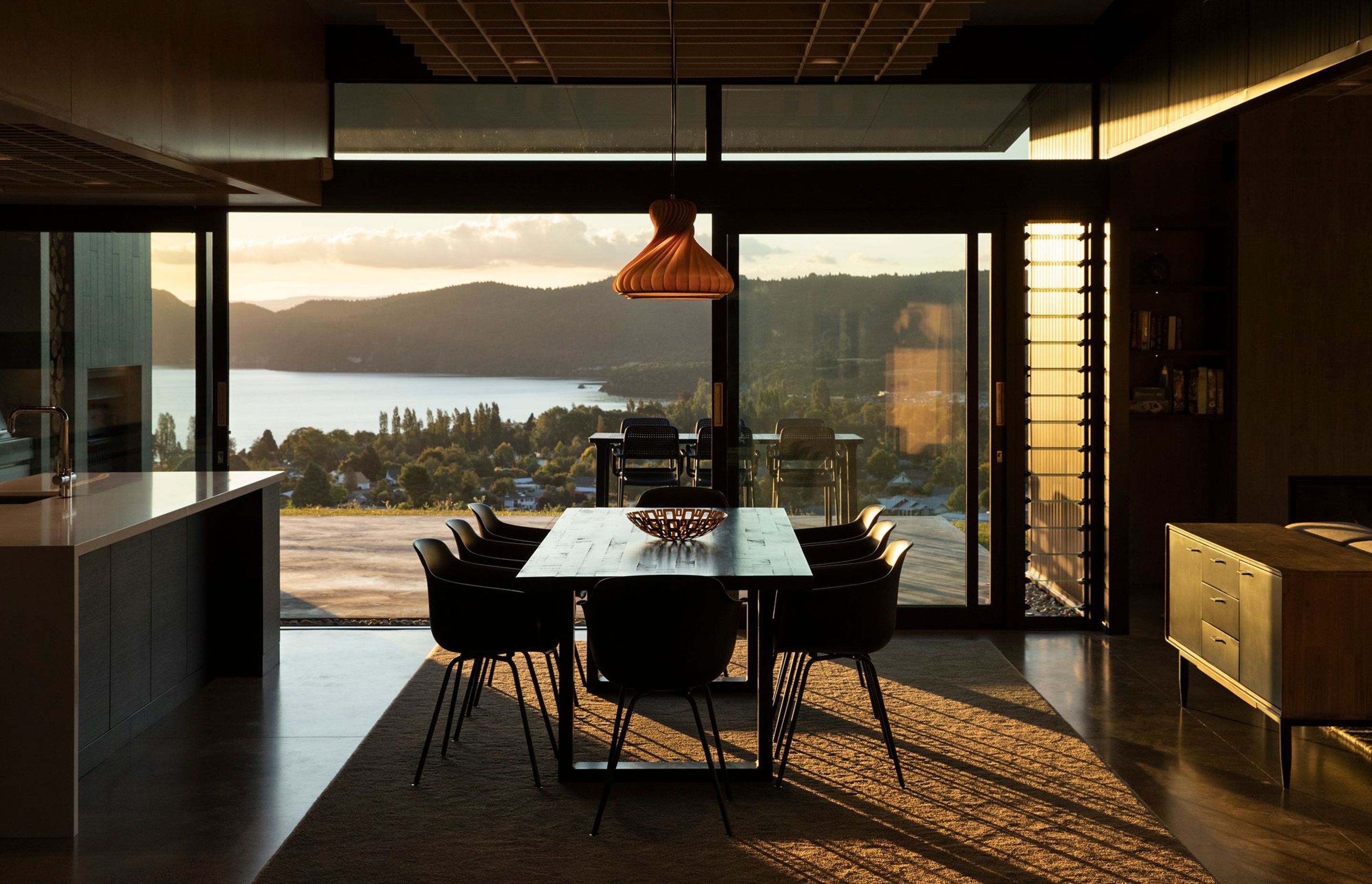 The dining area at dusk is possibly the most delicious time of day to watch the incredible sunsets over Lake Taupo. Photograph: Simon Devitt.