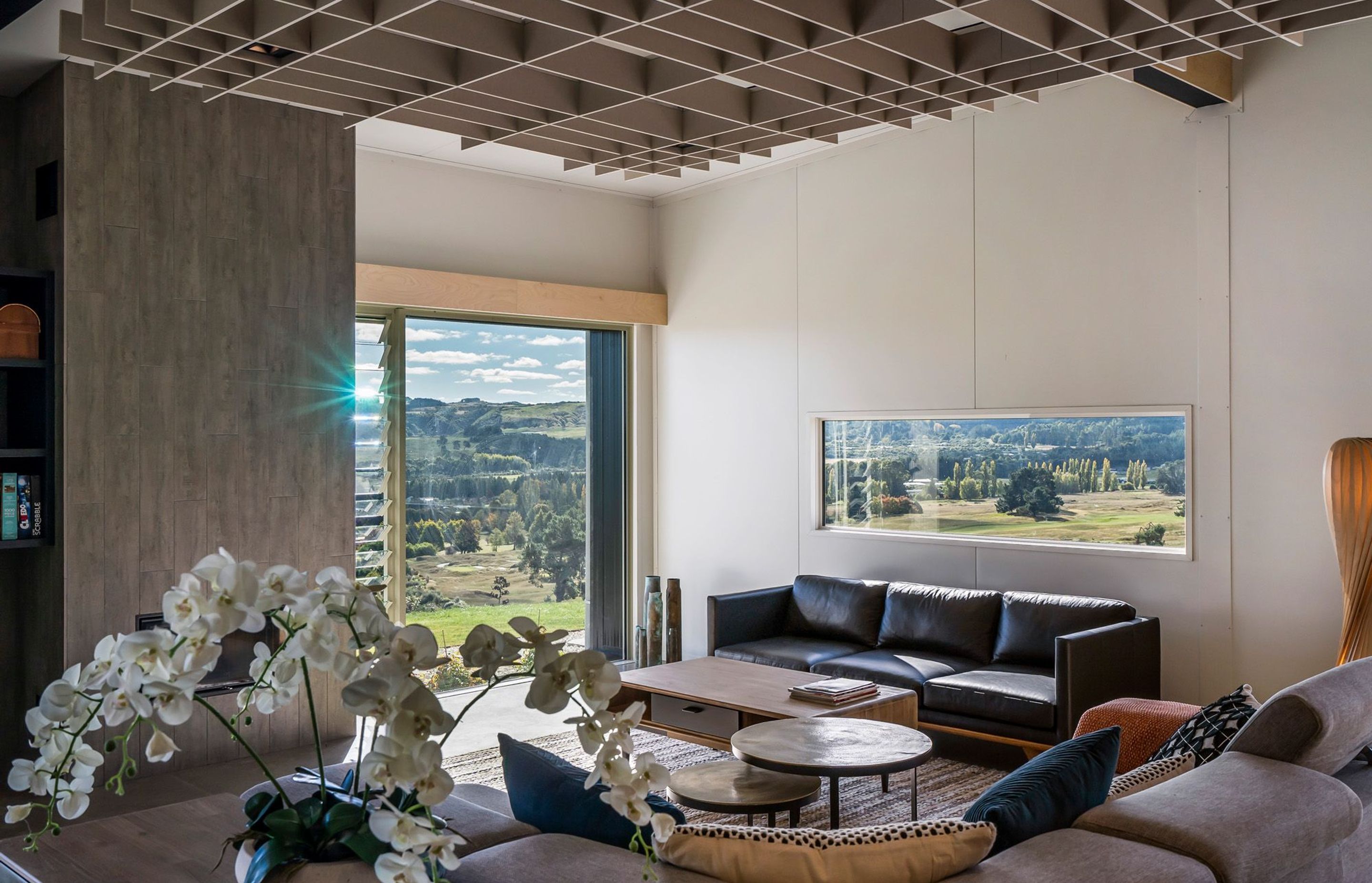 An acoustic waffle over the lounge area adds to the cosiness and intimacy of this space. Photograph: ArchiPro.