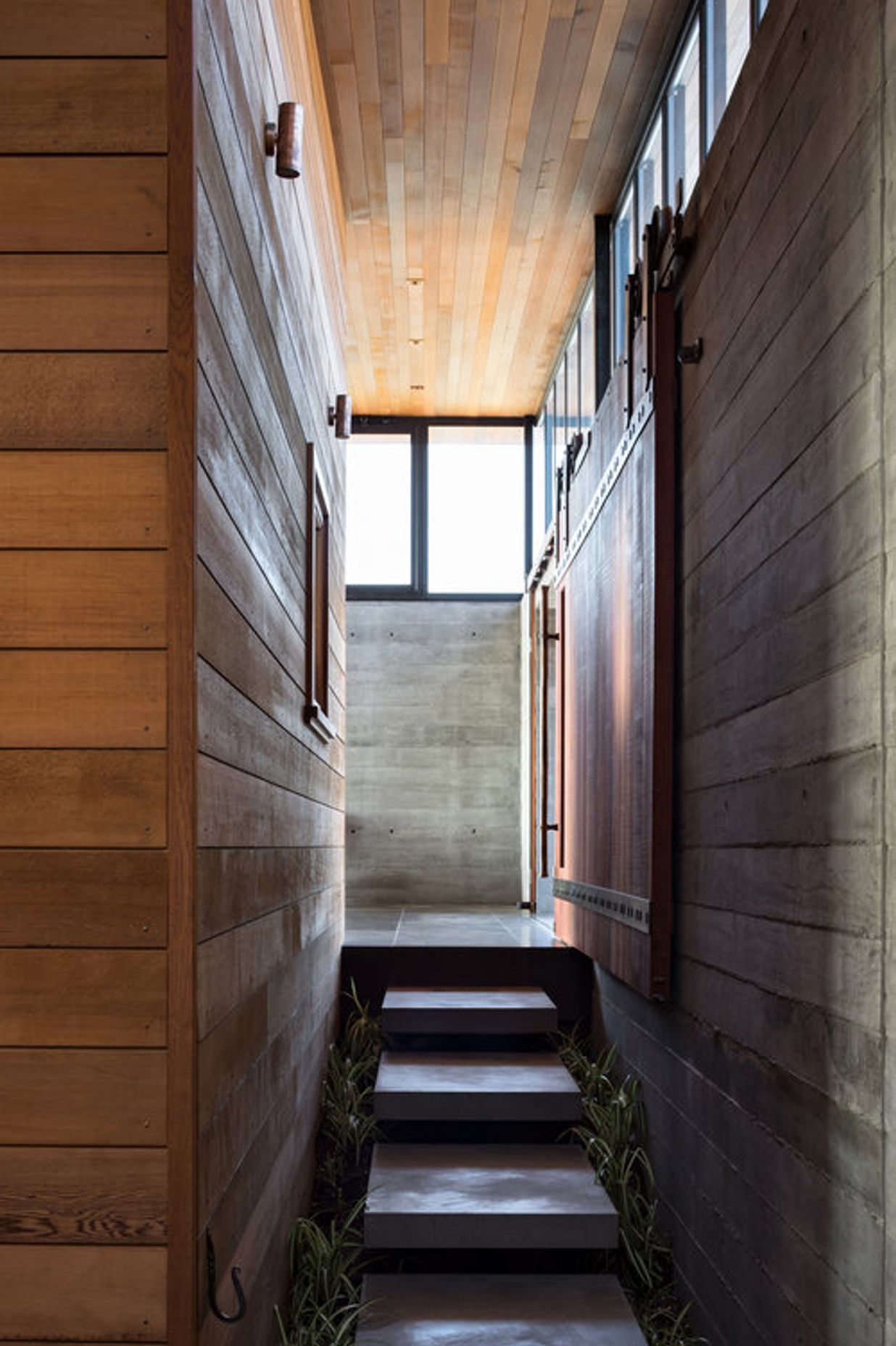 Cedar weatherboards and shuttered concrete lines the walkway to/from the courtyard.