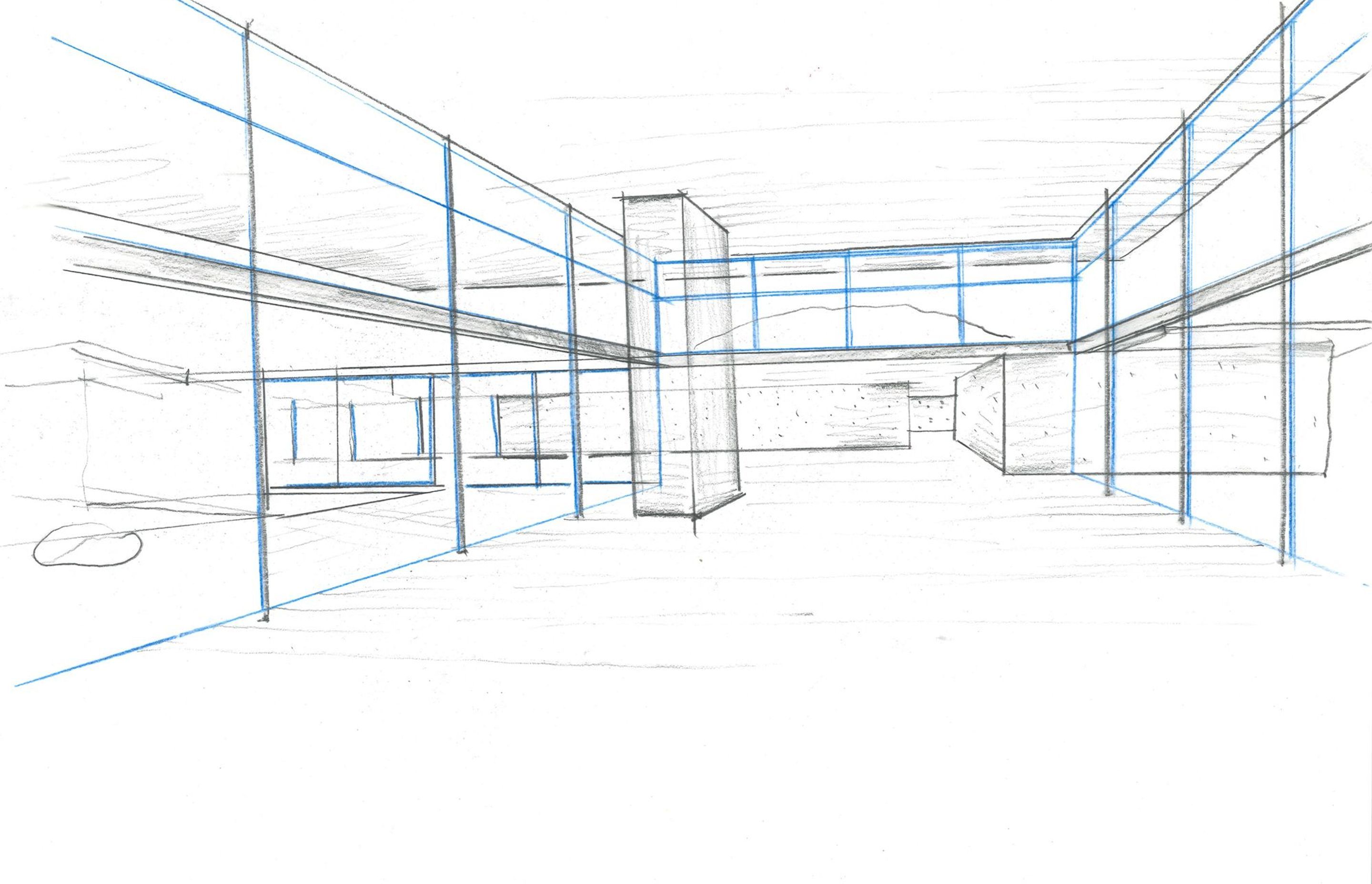 A perspective drawing of the main living area and garage entry corridor by the architects RB Studio.